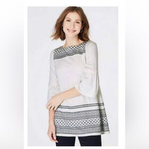 J. Jill Cream Black Embroidered Tunic Top Bell Sleeve Boho Size Small